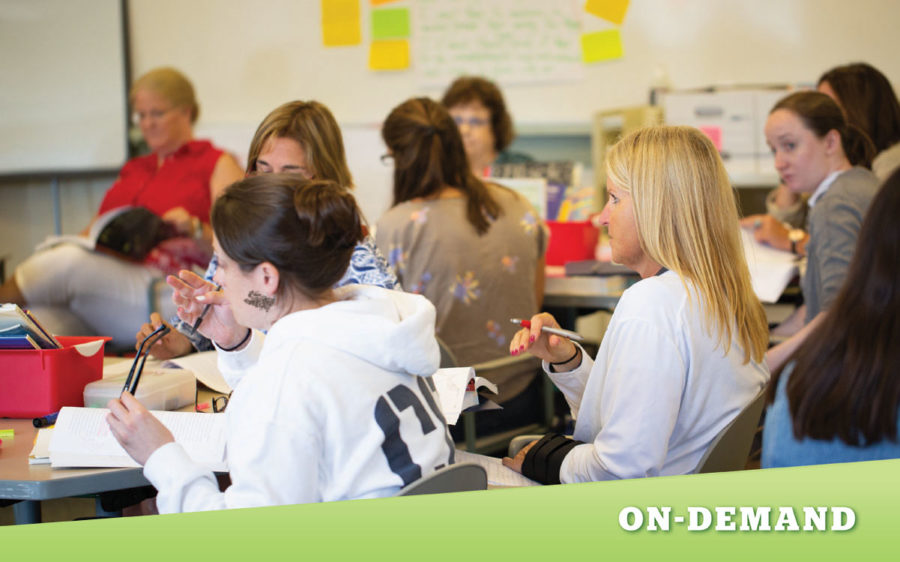 Teachers sitting around a table for a professional development training. Text reads: On-Demand