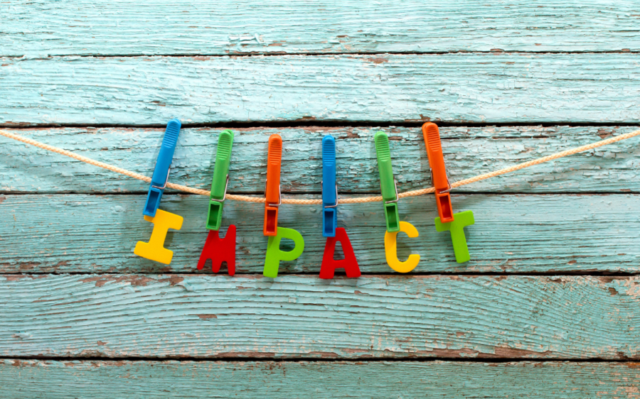 Photo of plastic letters spelling out the word impact.